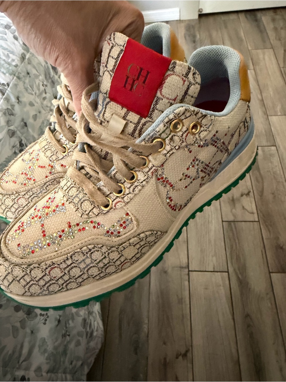 Carolina Herrera Beige Canvas Sneaker with Multicolor Crystal Details